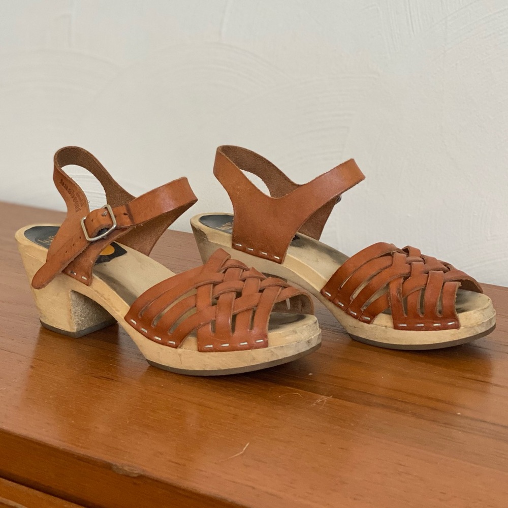 Swedish Hasbeens • leather and wood clog sandal heels